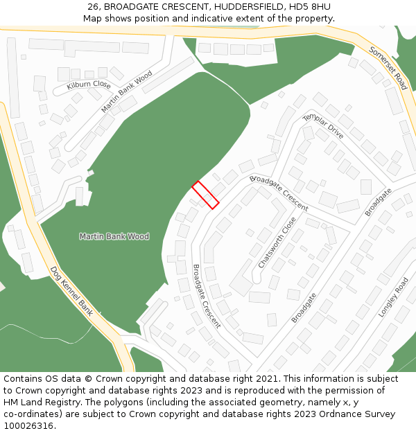 26, BROADGATE CRESCENT, HUDDERSFIELD, HD5 8HU: Location map and indicative extent of plot
