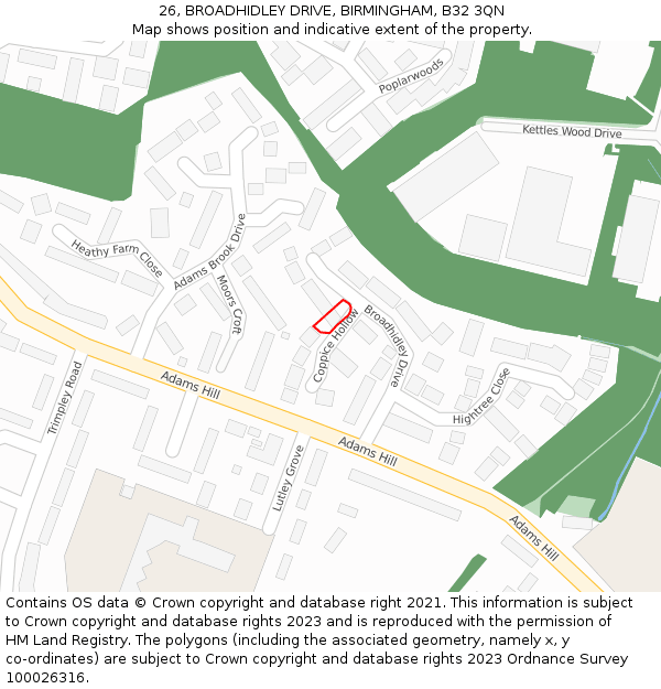 26, BROADHIDLEY DRIVE, BIRMINGHAM, B32 3QN: Location map and indicative extent of plot
