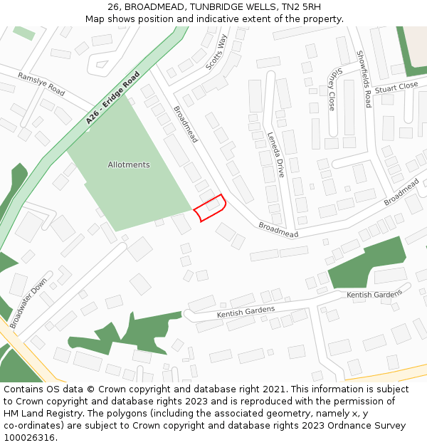 26, BROADMEAD, TUNBRIDGE WELLS, TN2 5RH: Location map and indicative extent of plot