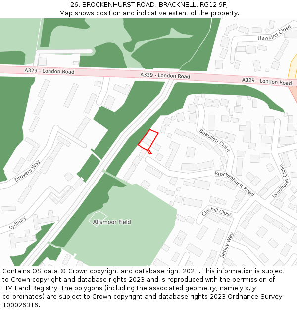 26, BROCKENHURST ROAD, BRACKNELL, RG12 9FJ: Location map and indicative extent of plot