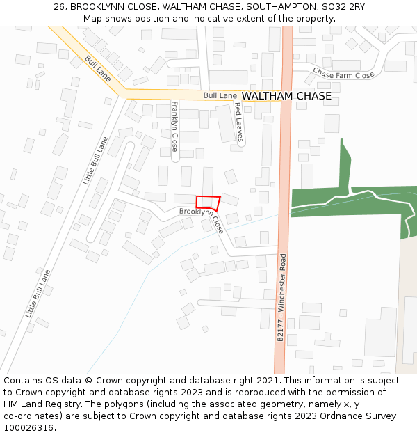 26, BROOKLYNN CLOSE, WALTHAM CHASE, SOUTHAMPTON, SO32 2RY: Location map and indicative extent of plot