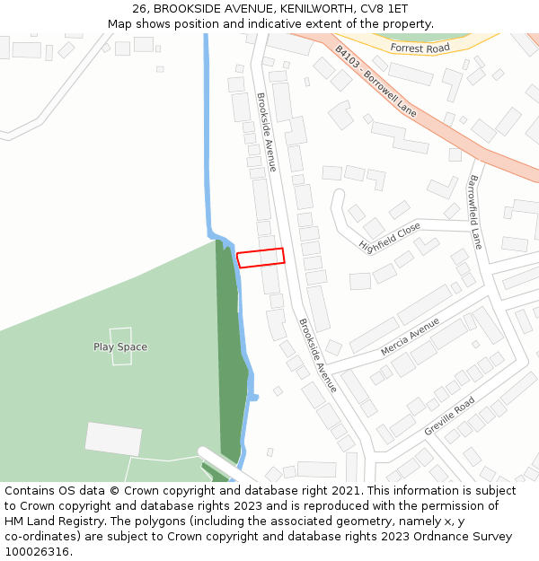 26, BROOKSIDE AVENUE, KENILWORTH, CV8 1ET: Location map and indicative extent of plot