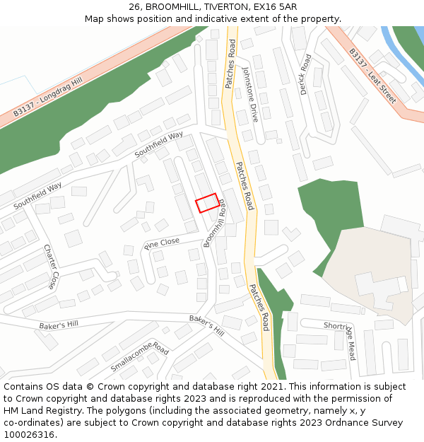 26, BROOMHILL, TIVERTON, EX16 5AR: Location map and indicative extent of plot