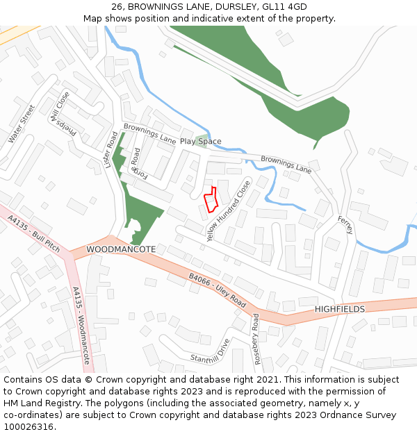 26, BROWNINGS LANE, DURSLEY, GL11 4GD: Location map and indicative extent of plot