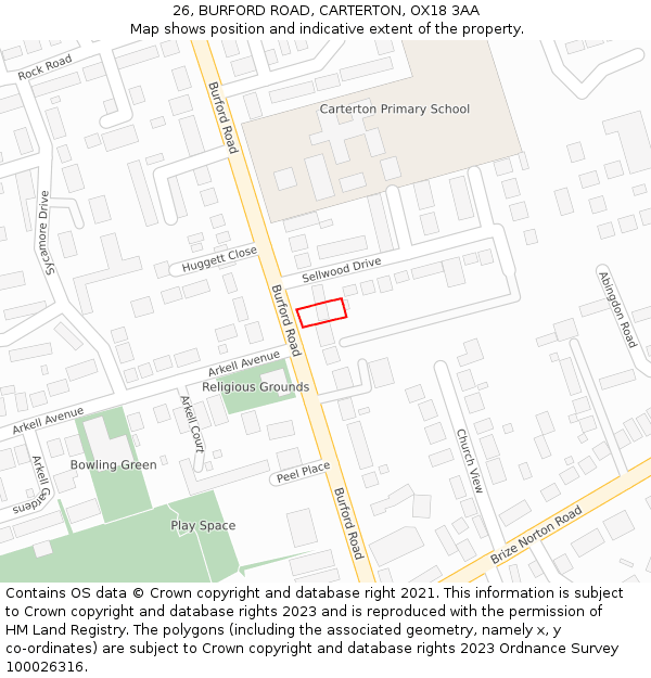 26, BURFORD ROAD, CARTERTON, OX18 3AA: Location map and indicative extent of plot