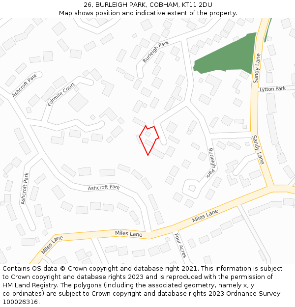 26, BURLEIGH PARK, COBHAM, KT11 2DU: Location map and indicative extent of plot