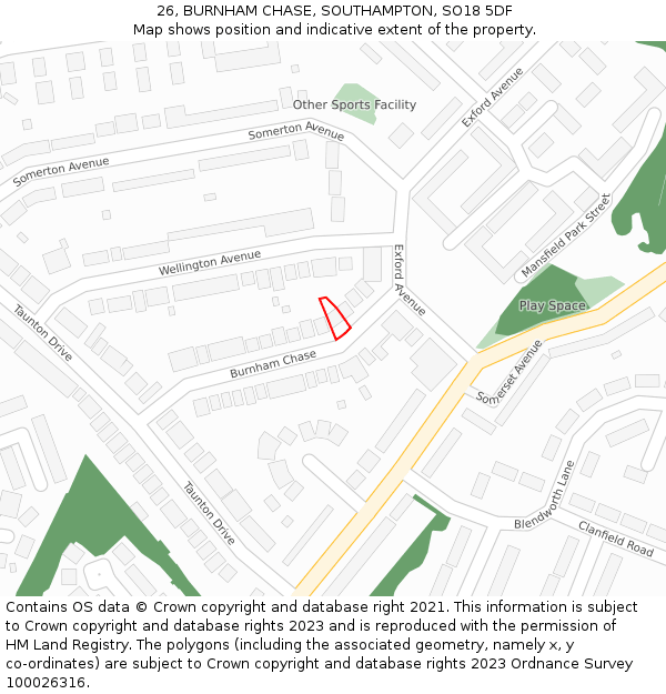 26, BURNHAM CHASE, SOUTHAMPTON, SO18 5DF: Location map and indicative extent of plot