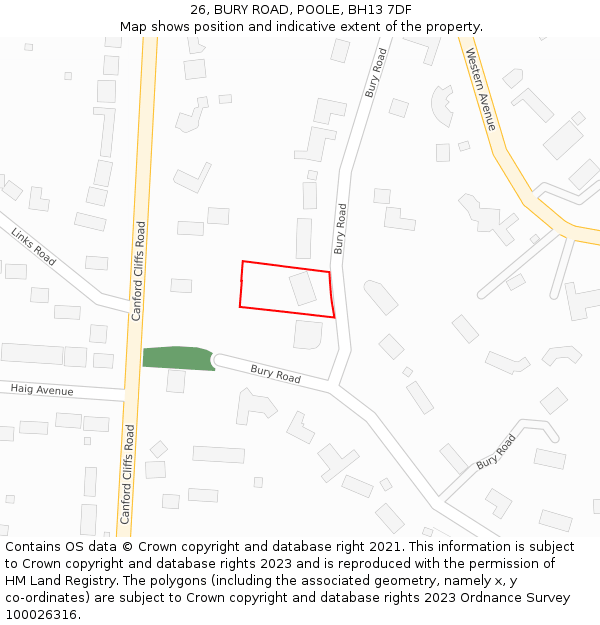 26, BURY ROAD, POOLE, BH13 7DF: Location map and indicative extent of plot