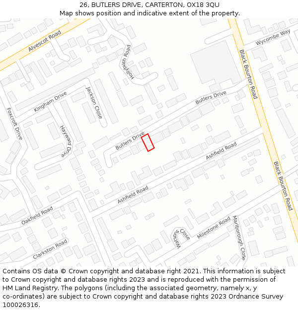 26, BUTLERS DRIVE, CARTERTON, OX18 3QU: Location map and indicative extent of plot