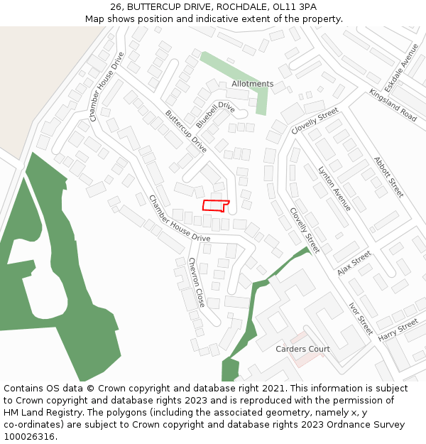26, BUTTERCUP DRIVE, ROCHDALE, OL11 3PA: Location map and indicative extent of plot