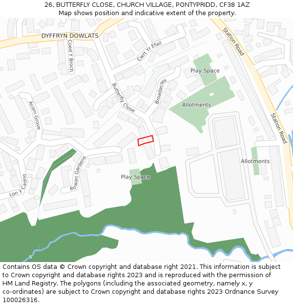 26, BUTTERFLY CLOSE, CHURCH VILLAGE, PONTYPRIDD, CF38 1AZ: Location map and indicative extent of plot