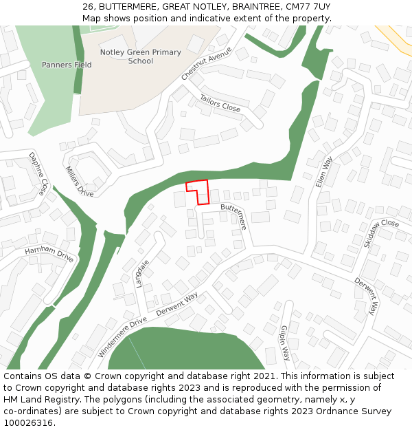 26, BUTTERMERE, GREAT NOTLEY, BRAINTREE, CM77 7UY: Location map and indicative extent of plot