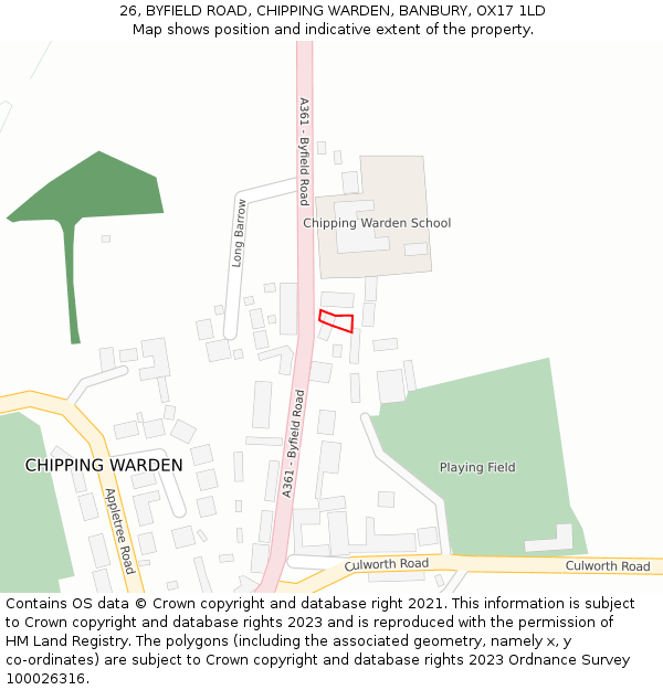 26, BYFIELD ROAD, CHIPPING WARDEN, BANBURY, OX17 1LD: Location map and indicative extent of plot