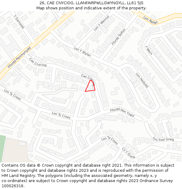 26, CAE CNYCIOG, LLANFAIRPWLLGWYNGYLL, LL61 5JS: Location map and indicative extent of plot