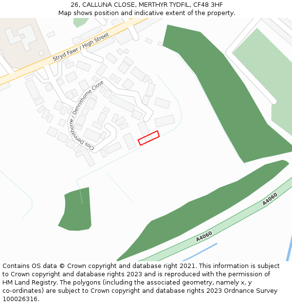 26, CALLUNA CLOSE, MERTHYR TYDFIL, CF48 3HF: Location map and indicative extent of plot