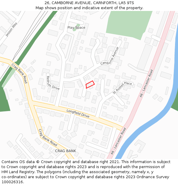 26, CAMBORNE AVENUE, CARNFORTH, LA5 9TS: Location map and indicative extent of plot