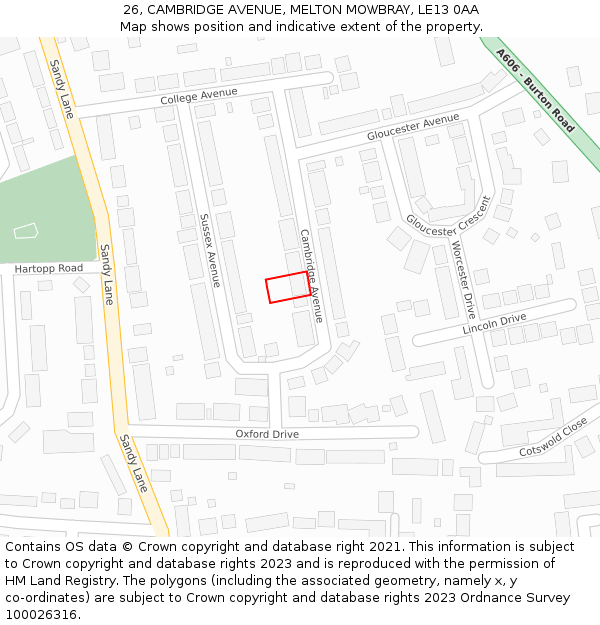 26, CAMBRIDGE AVENUE, MELTON MOWBRAY, LE13 0AA: Location map and indicative extent of plot