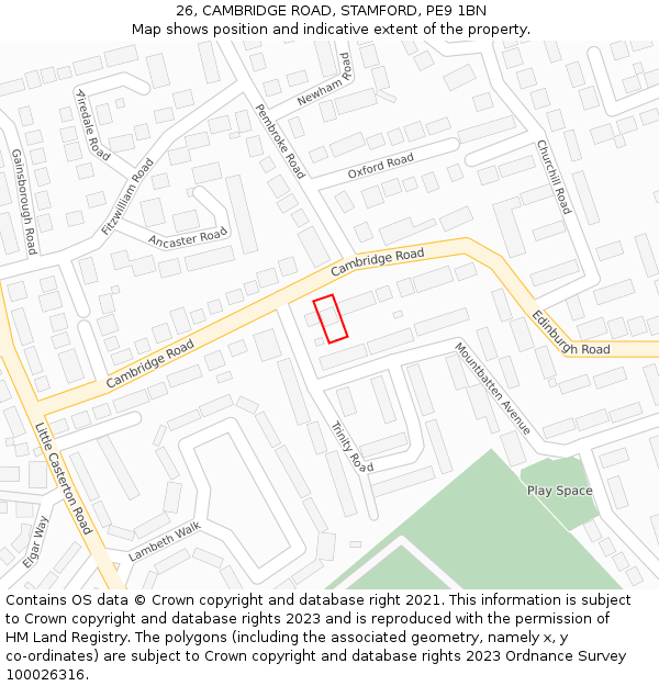 26, CAMBRIDGE ROAD, STAMFORD, PE9 1BN: Location map and indicative extent of plot