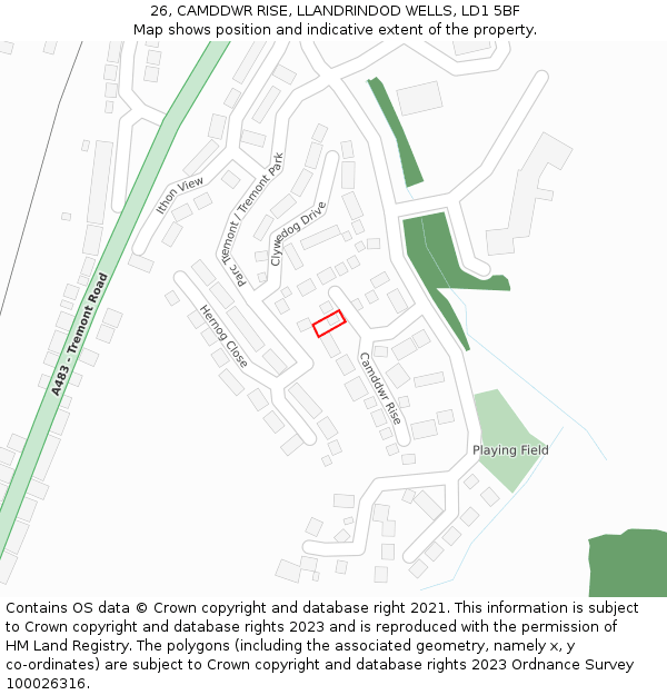 26, CAMDDWR RISE, LLANDRINDOD WELLS, LD1 5BF: Location map and indicative extent of plot