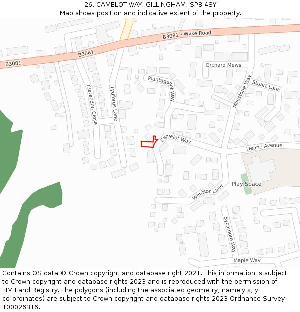 26, CAMELOT WAY, GILLINGHAM, SP8 4SY: Location map and indicative extent of plot