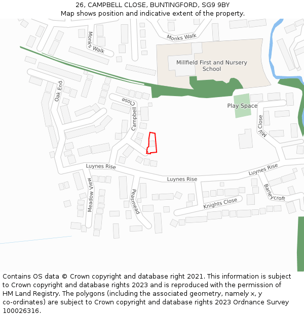 26, CAMPBELL CLOSE, BUNTINGFORD, SG9 9BY: Location map and indicative extent of plot