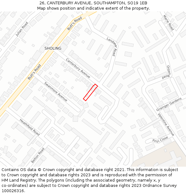 26, CANTERBURY AVENUE, SOUTHAMPTON, SO19 1EB: Location map and indicative extent of plot