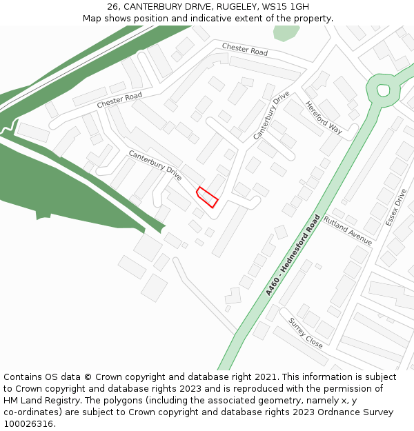 26, CANTERBURY DRIVE, RUGELEY, WS15 1GH: Location map and indicative extent of plot