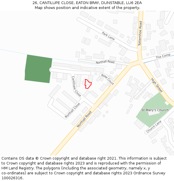 26, CANTILUPE CLOSE, EATON BRAY, DUNSTABLE, LU6 2EA: Location map and indicative extent of plot