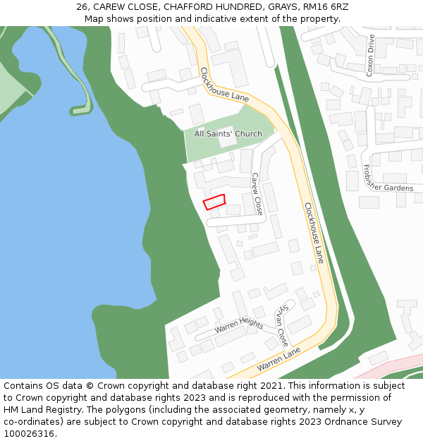 26, CAREW CLOSE, CHAFFORD HUNDRED, GRAYS, RM16 6RZ: Location map and indicative extent of plot