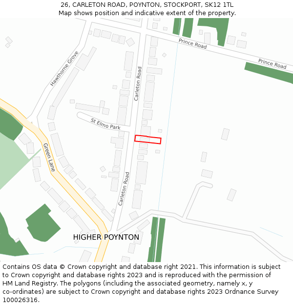 26, CARLETON ROAD, POYNTON, STOCKPORT, SK12 1TL: Location map and indicative extent of plot