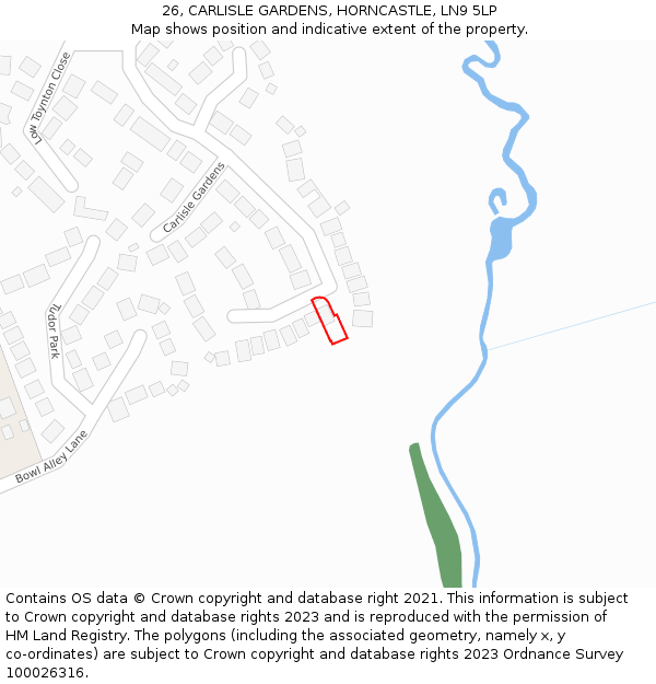 26, CARLISLE GARDENS, HORNCASTLE, LN9 5LP: Location map and indicative extent of plot