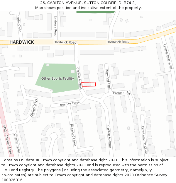 26, CARLTON AVENUE, SUTTON COLDFIELD, B74 3JJ: Location map and indicative extent of plot