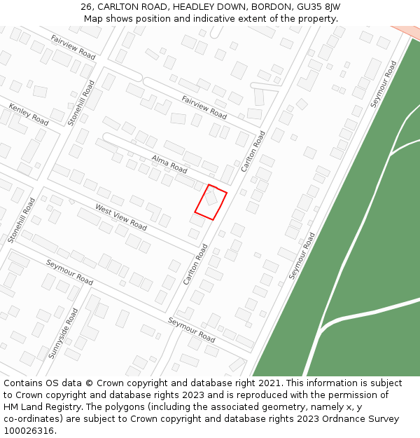 26, CARLTON ROAD, HEADLEY DOWN, BORDON, GU35 8JW: Location map and indicative extent of plot