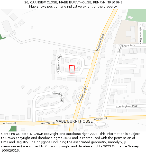 26, CARNSEW CLOSE, MABE BURNTHOUSE, PENRYN, TR10 9HE: Location map and indicative extent of plot