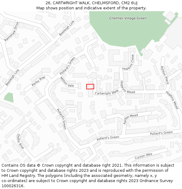 26, CARTWRIGHT WALK, CHELMSFORD, CM2 6UJ: Location map and indicative extent of plot