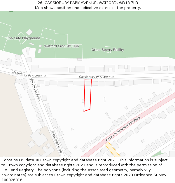 26, CASSIOBURY PARK AVENUE, WATFORD, WD18 7LB: Location map and indicative extent of plot