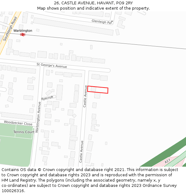 26, CASTLE AVENUE, HAVANT, PO9 2RY: Location map and indicative extent of plot