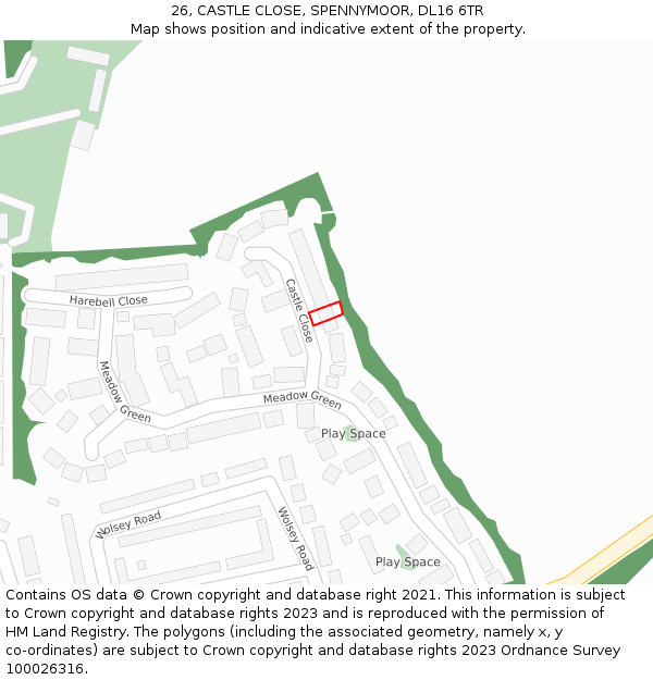 26, CASTLE CLOSE, SPENNYMOOR, DL16 6TR: Location map and indicative extent of plot