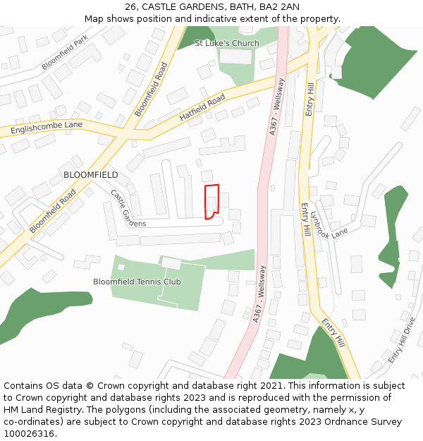 26, CASTLE GARDENS, BATH, BA2 2AN: Location map and indicative extent of plot