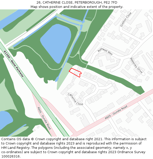 26, CATHERINE CLOSE, PETERBOROUGH, PE2 7FD: Location map and indicative extent of plot