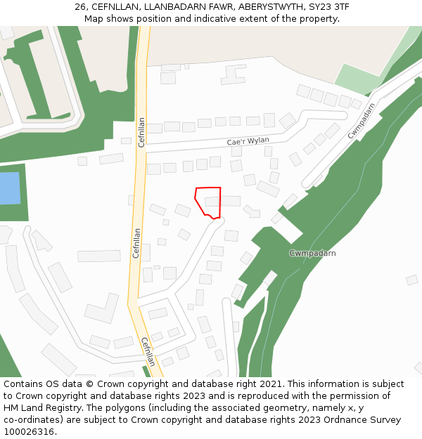 26, CEFNLLAN, LLANBADARN FAWR, ABERYSTWYTH, SY23 3TF: Location map and indicative extent of plot