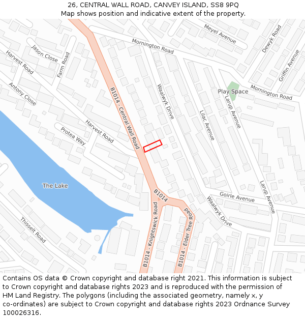 26, CENTRAL WALL ROAD, CANVEY ISLAND, SS8 9PQ: Location map and indicative extent of plot