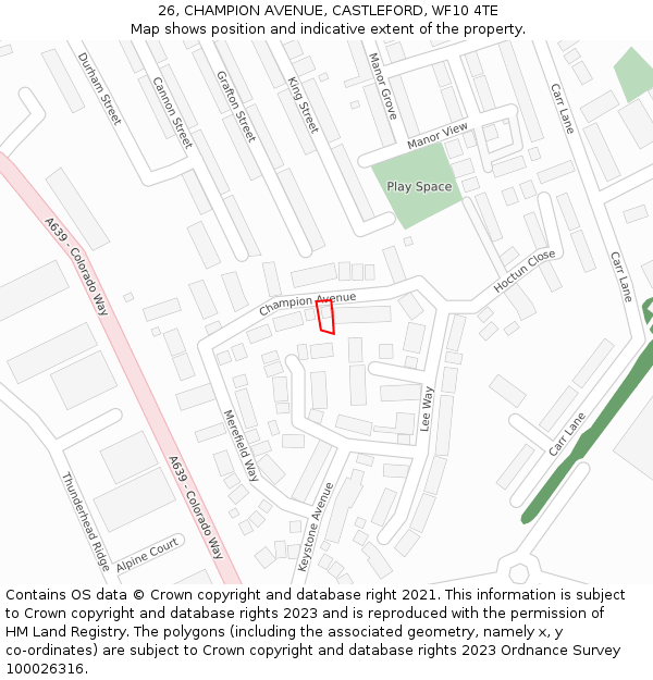 26, CHAMPION AVENUE, CASTLEFORD, WF10 4TE: Location map and indicative extent of plot