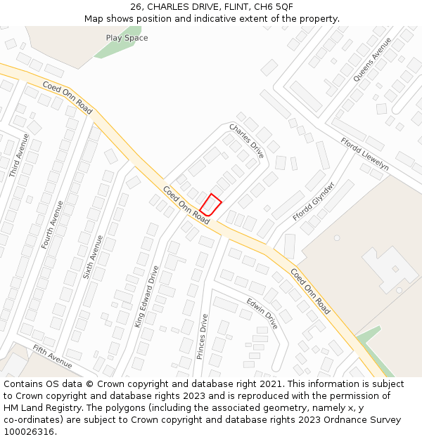 26, CHARLES DRIVE, FLINT, CH6 5QF: Location map and indicative extent of plot