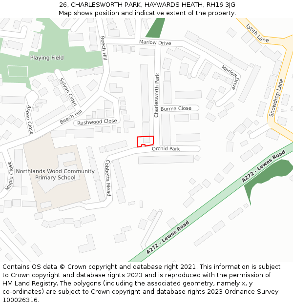 26, CHARLESWORTH PARK, HAYWARDS HEATH, RH16 3JG: Location map and indicative extent of plot