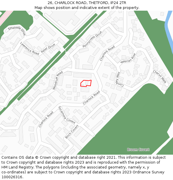 26, CHARLOCK ROAD, THETFORD, IP24 2TR: Location map and indicative extent of plot