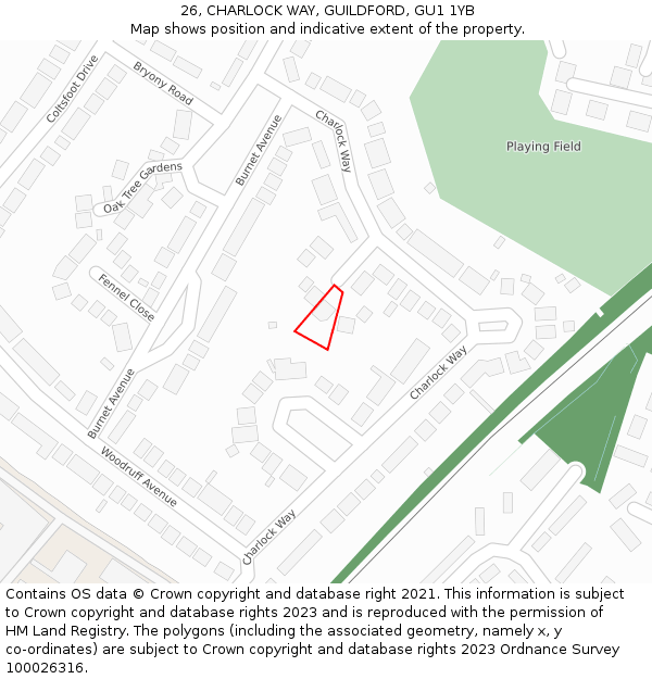 26, CHARLOCK WAY, GUILDFORD, GU1 1YB: Location map and indicative extent of plot