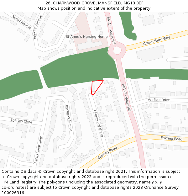 26, CHARNWOOD GROVE, MANSFIELD, NG18 3EF: Location map and indicative extent of plot