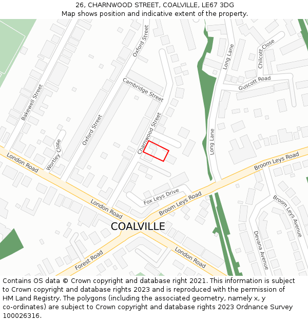 26, CHARNWOOD STREET, COALVILLE, LE67 3DG: Location map and indicative extent of plot