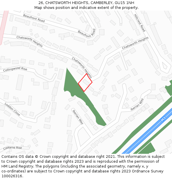 26, CHATSWORTH HEIGHTS, CAMBERLEY, GU15 1NH: Location map and indicative extent of plot